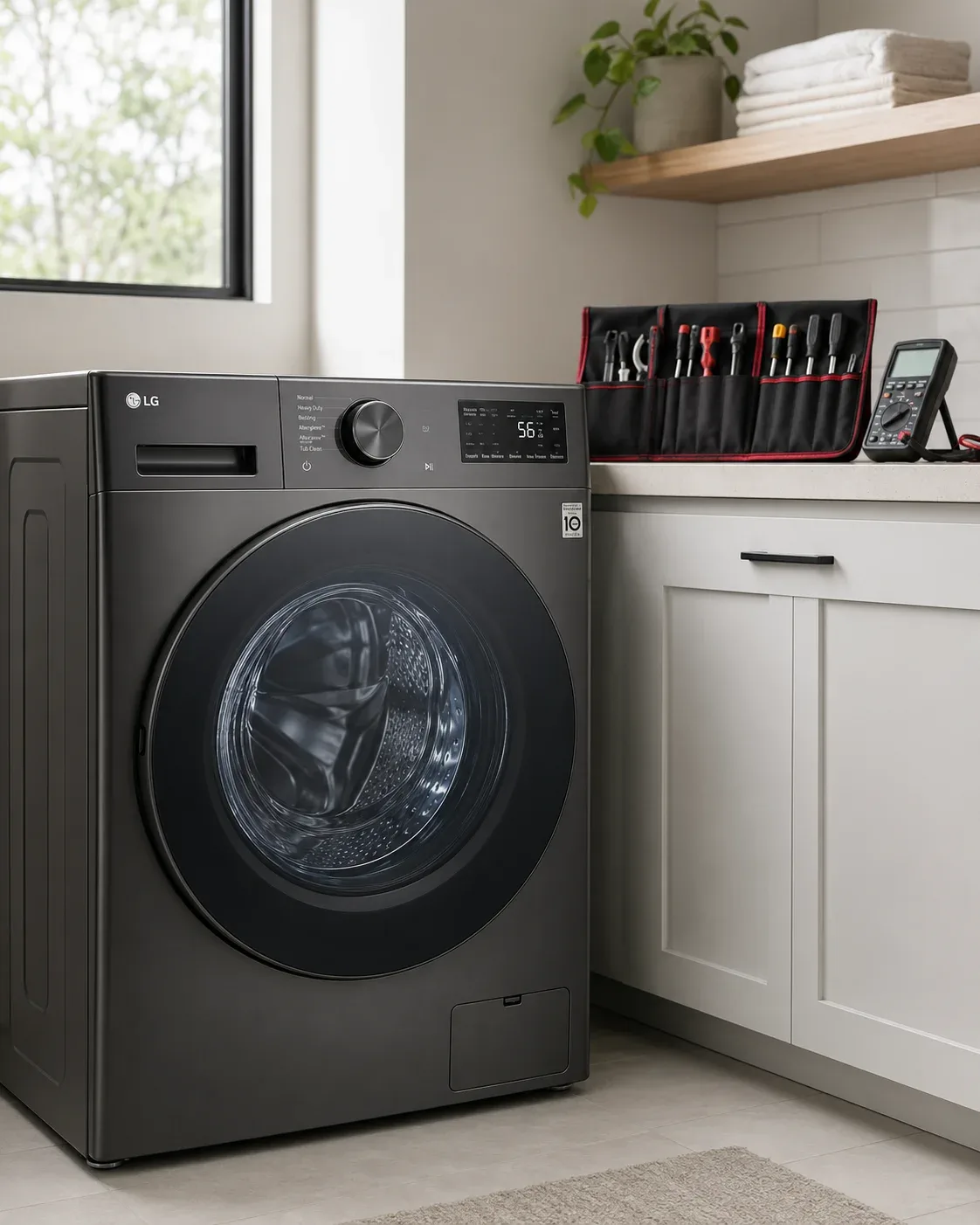 Technician diagnosing an LG appliance