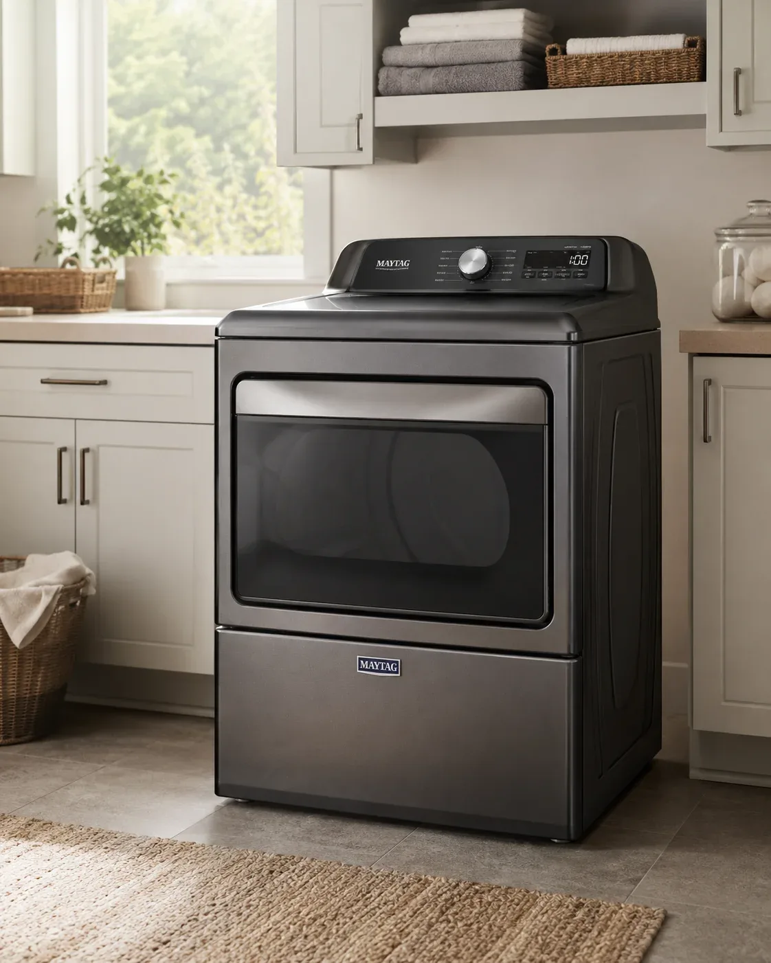 Technician diagnosing a Maytag appliance